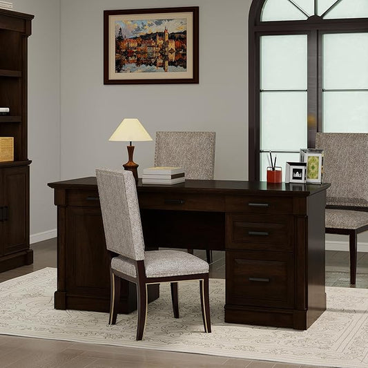 61.85″ Large Executive Desk with Roman Column Design, for Boss Office Home Office 3 Drawers incl. File Drawer, Keyboard Tray, Shelf Cabinet with Door, Dark Cherry