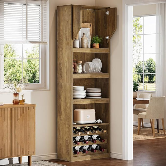 Tribesigns 86.6" Tall Wine Bar Cabinet with Stripe Light, Farmhouse Home Bar Liquor Cabinet with Wine Racks and Open Shelves for Kitchen Dining Living Room