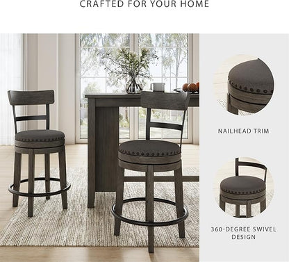 Signature Design by Ashley Caitbrook | Farmhouse Swivel 24" Counter Height Barstool – 360° Swivel, Upholstered with Nailhead Trim, Metal & Wood Frame, Gray