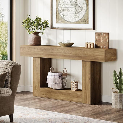 Tribesigns 63" Console Table, Farmhouse 2-Tier Entryway Table with U-Shaped Base, Narrow Long Wood Sofa Table Behind Couch Table for Living Room, Hallway, Foyer, Light Brown