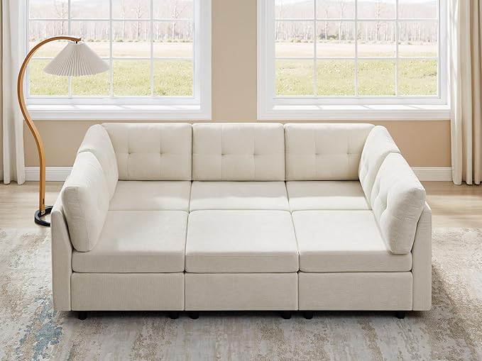 VANOMi 6 Seater Modular Sectional Sofa, Convertible Modular Cloud Sofa Bed with Ottoman, Comfy Chenille Sofas & Couches for Living Room, Apartment, Office, Beige, Sofa Bed