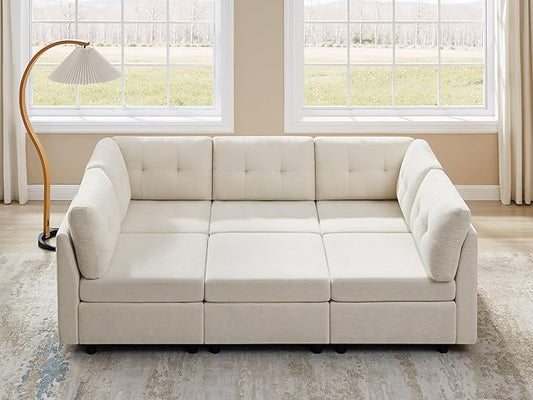 VANOMi 6 Seater Modular Sectional Sofa, Convertible Modular Cloud Sofa Bed with Ottoman, Comfy Chenille Sofas & Couches for Living Room, Apartment, Office, Beige, Sofa Bed