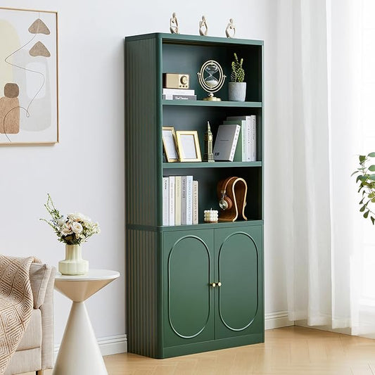 70.8" Tall Fluted Bookshelf with Storage Cabinet, Modern 5-Tier Wood Bookcase with Open Display Storage Shelf, Gold Handles for Office Living Room (Green)