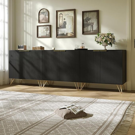 Fluted Storage Cabinet, Set of 3, Sideboard Buffet Cabinet, Modern Wood Accent Cabinet with Adjustable Shelves, Console Table for Living Room, Hallway, Entryway, Black