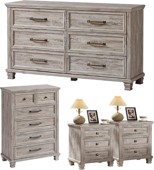 Farmhouse Bedroom Dresser and Nightstand Set of 4, 6 Drawer Tall & Low Dresser & 3 Drawer Nightstand Set with Wooden Legs, Rustic Wood Bedroom Furniture Sets for Livingroom, Hallway, Grey