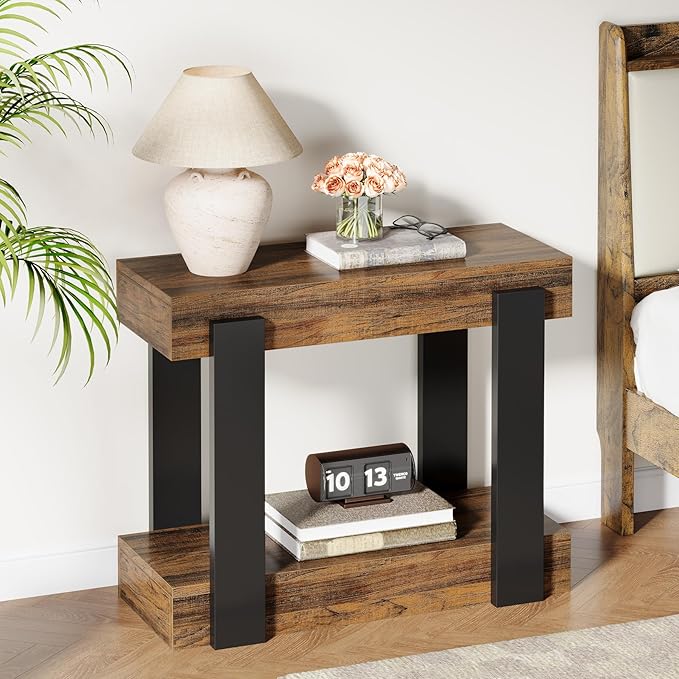 Tribesigns Narrow End Table, 2-Tier Farmhouse Side Table with Storage Shelf for Living Room, Rectangular Night Stand and Bedside Tables for Bedroom, Brown