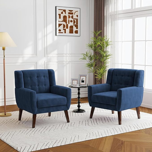 Lumibee Accent Chairs Set of 2, Velevet Fabric Armchairs for Living Room, Comfy Upholstered Arm Chairs Tufted for Indoor Bedroom Office Room (Royal Blue Velvet)