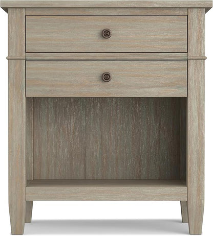 SIMPLIHOME Carlton Bedside Table - 24 inch Wide Solid Wood Nightstand Table in Distressed Grey, Transitional Bedroom Side or End Table with 2 Drawers, Open Storage Shelf and Bronze Hardware