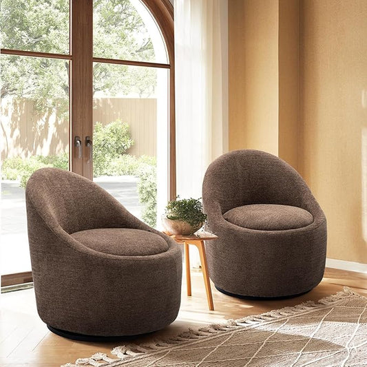 360° Swivel Accent Chair Set of 2, Mid-Century Modern Chair with Hidden Storge, Small Swivel Chair with Arms for Living Room/Office - Brown