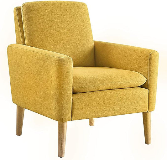 Lohoms Mid-Century Modern Accent Chair, Linen Fabric Upholstered Comfy Reading Leisure Chair for Living Room, Bedroom, Office, Waiting Room, Wood Legs, Mustard Yellow