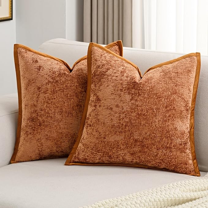 FUTEI Rust Chenille Throw Pillow Covers 16x16 Inch Set of 2,Soft Cozy Bound Edge Design Cushion Case,Home Decor for Couch Bed Living Room