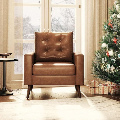 PU Accent Arm Chair with Tufted Back, Faux Leather Comfy Upholstered Single Sofa, Mid Century Modern Side Club Chair with Wood Legs for Reading/Living Room/Bedroom, Caramel