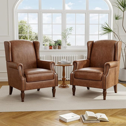 Accent Chair Set of 2, Upholstered Leather High Back Armchair with Nailhead Trim & Wood Legs, Comfy Wingback Reading Single Sofa Chair for Small Spaces, Living Room, Bedroom-Leather Brown, 2 SEAT