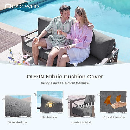 UDPATIO 4 Piece Faux Wood Aluminum Patio Furniture Set Modern Patio Conversation Set with Coffee Table for Balcony, Backyard, Deck, 600D Waterproof Furniture Cover Included, Dark Grey