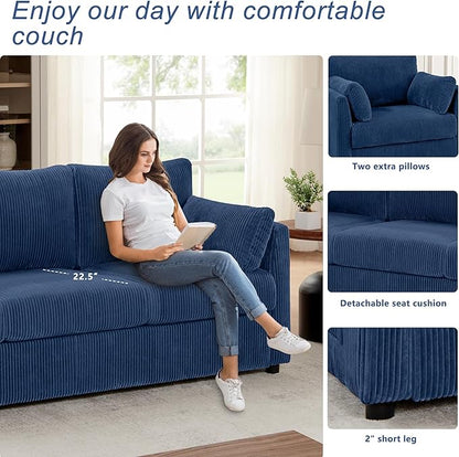 Sofa Set for Living Room Corduroy Couch Sets 3 Seater and Single Chair, Sofas for Apartment and Small Spaces (Blue, Sofa Set)