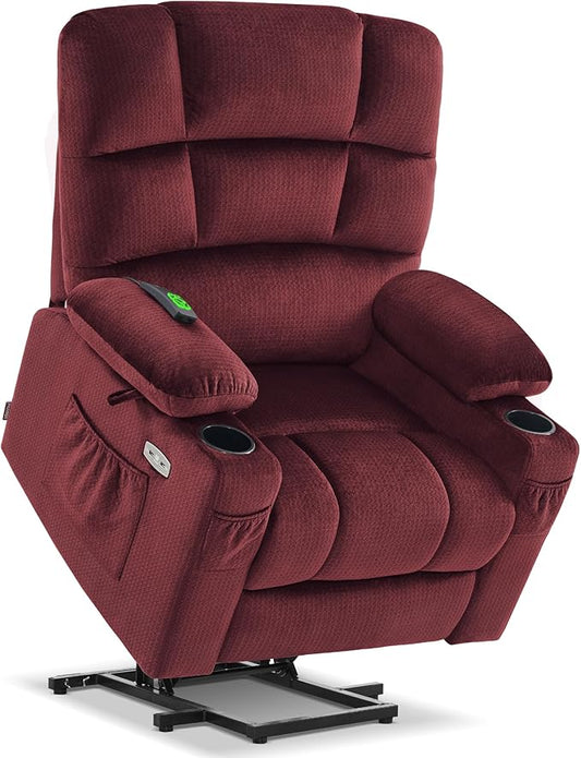 MCombo Dual Motor Power Lift Recliner Chair with Massage and Heat for Elderly People, Infinite Position, USB Ports, Cup Holders, Fabric 7679 (Medium, Burgundy)