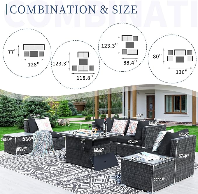 NICESOUL 7 Piece Outdoor Patio Sectional Furniture Set with Fireplace Natural Gas/Propane, 29.3'' High Back Comfortable Wicker Conversations, Large Size Deep Seats Couches for Garden Backyard, Gray