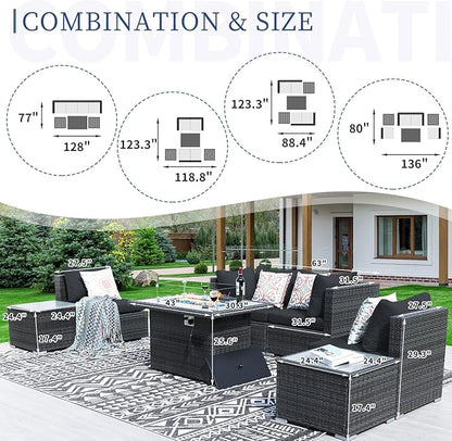 NICESOUL 7 Piece Outdoor Patio Sectional Furniture Set with Fireplace Natural Gas/Propane, 29.3'' High Back Comfortable Wicker Conversations, Large Size Deep Seats Couches for Garden Backyard, Gray