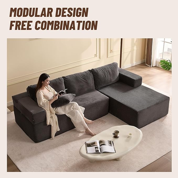 107" Boneless Couch with Deep Seat, Modular Sectional Sofa, Cloud Sectional Couch for Living Room, No Assembly Required, Corduroy, L-Shape Right，Grey