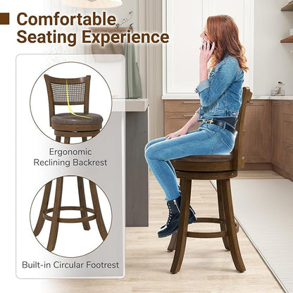 COSTWAY 25” Swivel Counter Height Barstools Set of 2, Rubber Wood Bar Stools with Rattan Backrest, Footrest, Upholstered Leathaire Armless Chairs for Kitchen Island, Pub, Brown (2, 25” Seat Height)