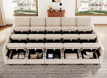 Belffin Large 15 Seat Modular Sectional Sofa with Storage Seat Corduroy Sleeper Sectional Sofa Bed Oversized Convertible Modular Couch for Living Room Beige