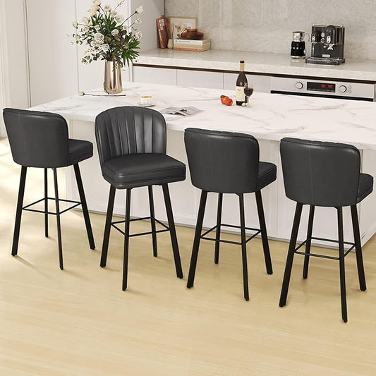 Swivel Counter Height Bar Stools Set of 4, 30'' Modern Barstools with Backs and Metal Legs, Upholstered Bar Chairs, Faux Leather Black Stools for Kitchen Island Chairs