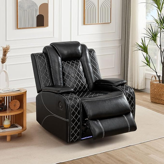 Power Recliner with LED, Black Leather Reclining Chair for Living Room, Muti-Functional Recliner with Storage Armrest/USB Ports for Living Room/Bedroom/Office