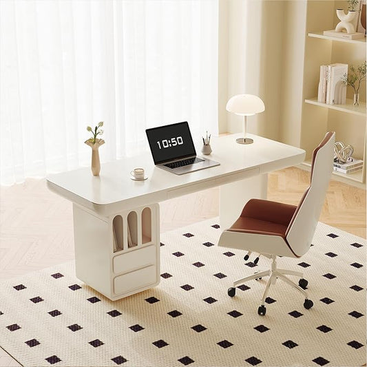 63 Inch White Writing Desk with Storage, Modern Computer Desk with 4 Drawers for Study, Wooden Executive Desk for Home Office