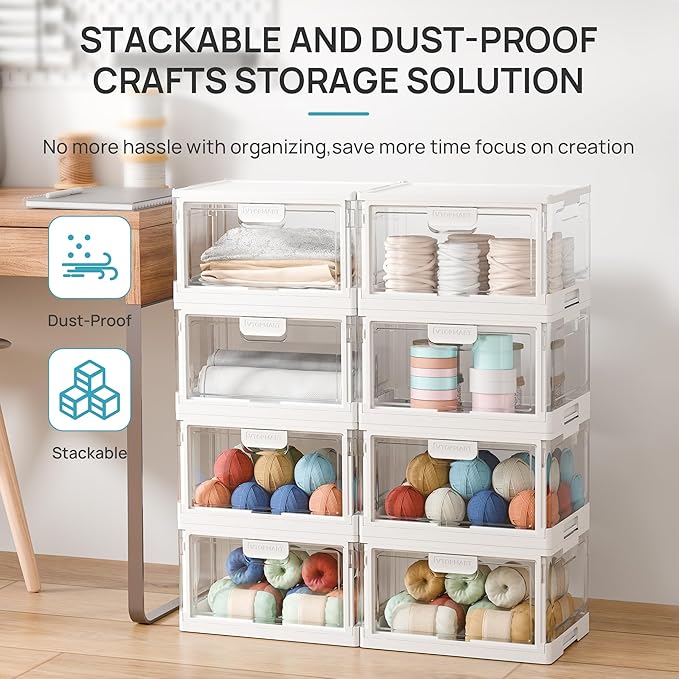 Vtopmart 8 Pack Clear Stackable Storage Bins with Lids 24QT, Foldable Storage Boxes with Doors Open Front, Plastic Closet Organizer for Craft, Toys, Pantry Organization