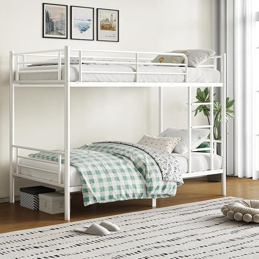 Bunk Bed,Twin Over Twin Bunk Beds for Kids Teens Adults,Heavy Duty Metal Slats Bed Frame with Ladders and Guardrail,400 lbs Capacity,No Spring Box Required,White