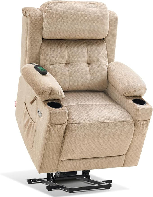 MCombo Medium Triple Motor Power Lift Recliner Chair with Massage and Heat for Elderly People, Adjustable Headrest, Infinite Position, USB Ports, Fabric 7661 (Beige, Medium)