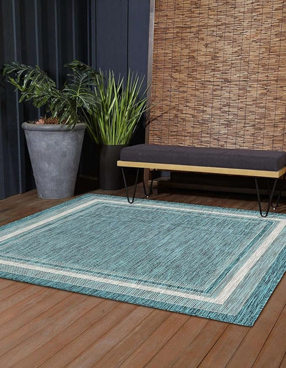 Unique Loom Outdoor Border Collection Area Rug - Soft Border (7' 10" Square, Teal/ Ivory)
