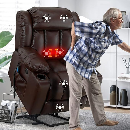 BEDHOURS Recliner Chair Lift Chair Recliners for Elderly Power Lift Chair with Massage and Heat Breathable Leather Recliner 3 Positions, USB Ports, 2 Cup Holders, 2 Side Pockets (Brown)