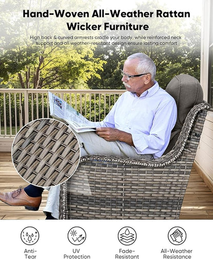 HUMMUH Outdoor Patio Wicker Swivel Rocker Chairs with 6-Inch Thick Cushion High Back 3 PCS Wicker Conversation Set for Porch Balcony Deck