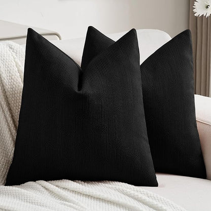 FUTEI Black Chenille Decorative Throw Pillow Covers 18x18 Inch Set of 2,Soft Cozy Striped Geometric Patterns Cushion Cases,Modern Home Decor for Couch Bed Living Room