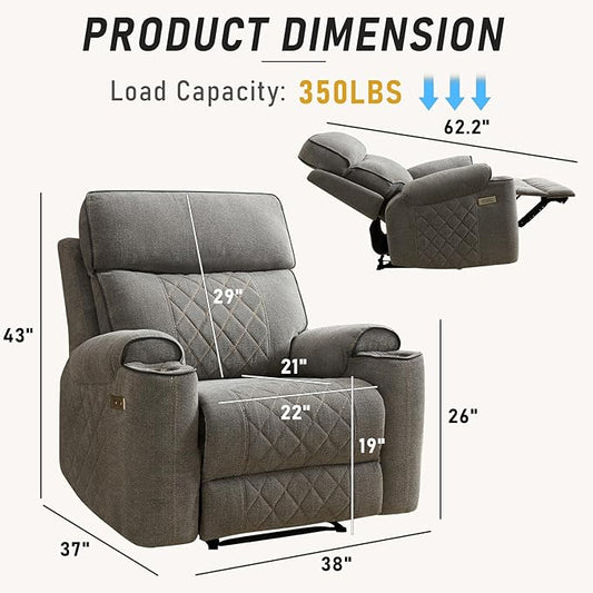 Electric Recliner Chair, Soft Fabric Power Recliners with Metal Cup Holders, Single Overstuffed Heavy Duty Reclining Sofa Chairs for Living Room Bedroom, Light Grey