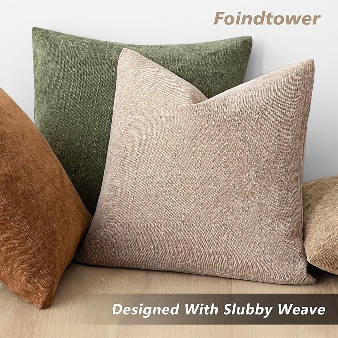 Foindtower Set of 2 Soft Textured Chenille Throw Decorative Pillow Covers Square Accent Solid Cushion Cover Cozy Neutral Farmhouse Pillow Case for Couch Sofa Bedroom Living Room 18x18 Inch,Cream Camel