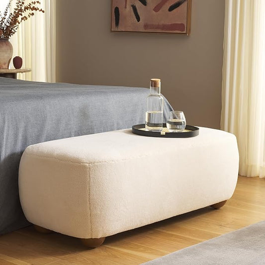 SAFAVIEH Home Collection Whitley Cream Faux Shearling/Brown Rectangular Ottoman with Solid Wood Legs