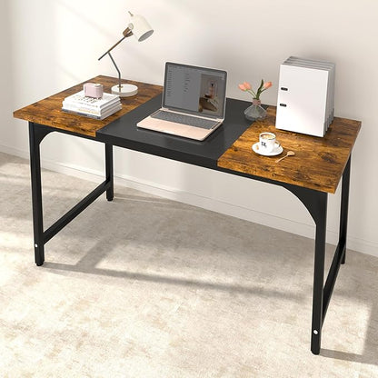 StarGraph Modern Computer Desk 55 Inch Large Office Desk with Carbon Fiber Desktop Home Office Desks with Sturdy Metal Frame Gaming Study Writing Work from Home Desks, Rustic Brown