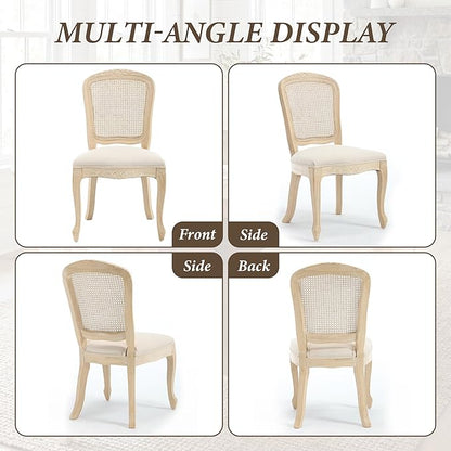 Wicker Dining Chairs Set of 4, Upholstered Linen Fabric Dining Room Chairs with Square High Rattan Back Farmhouse French Kitchen Chairs for Dining Table/Living Room/Restaurant, Cream