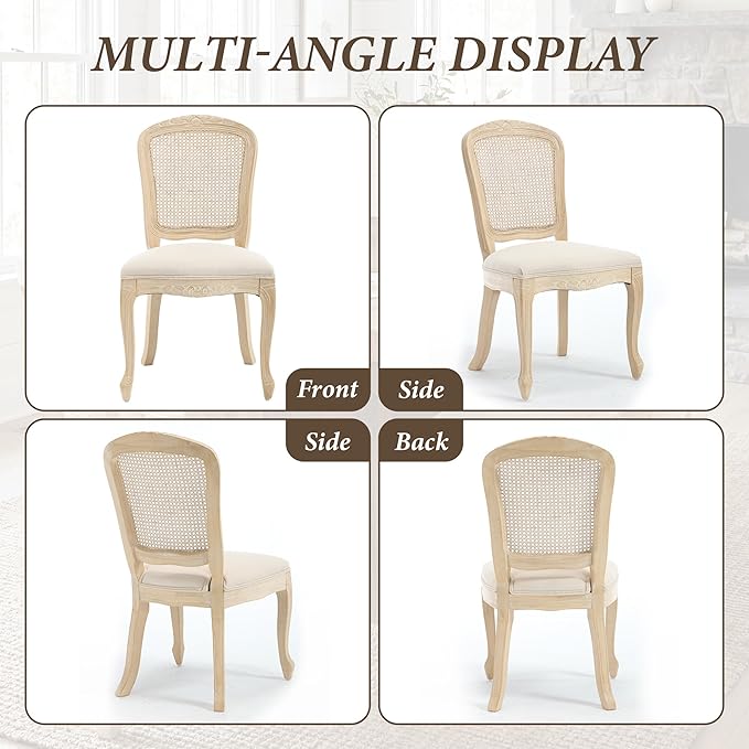 Wicker Dining Chairs Set of 6, Upholstered Linen Fabric Dining Room Chairs with Square High Rattan Back Farmhouse French Kitchen Chairs for Dining Table/Living Room/Restaurant, Cream