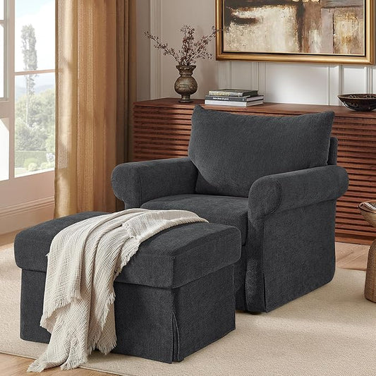 Modern Accent Chairs with Ottoman, Comfy Chenille Reading Armchair with Rolled Arms and Cushion Backrest, 35.8" W Chaise Lounge Chair for Living Room, Bedroom, Study, Apartment, Dark Grey