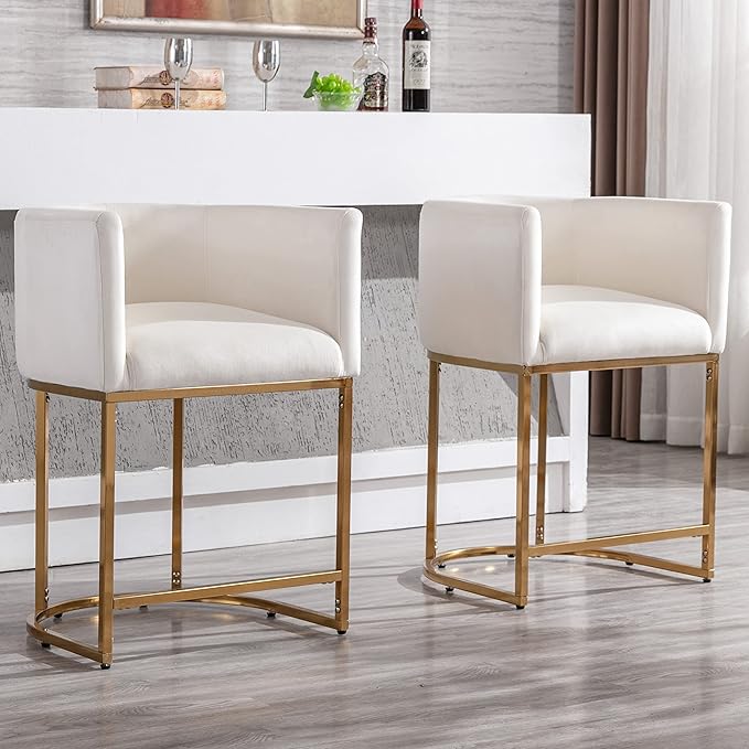 Contemporary Cream Velvet Bar Stool, 24" Upholstered Fabric Counter Height Barstool Kitchen Counter Island Stool with Screwed Together Golden Metal Base