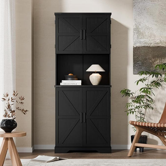 Cozy Castle 74" Farmhouse Pantry Cabinet with Charging Station, Tall Kitchen Storage Hutch Cabinet Coffee Bar Workstation, Sideboard Buffet Cupboard for Dining Room Living Room Furniture, Black
