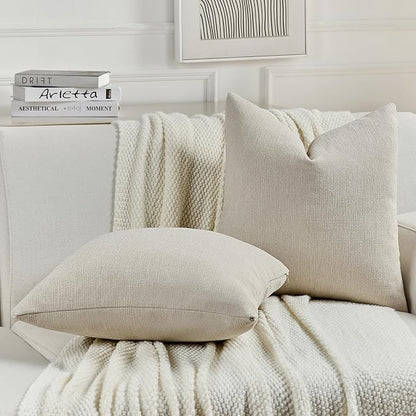 FUTEI Beige Chenille Decorative Throw Pillow Covers 16x16 Inch Set of 2,Soft Cozy Faux Linen Textured Cushion Case,Farmhouse Home Decor for Couch Living Room