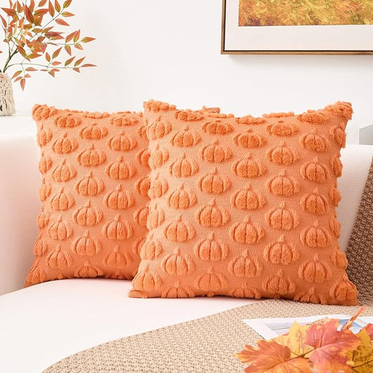 Kevin Textile Fall Pumpkins Pillow Covers 18x18 Inch Set of 2 Cute Autumn Decorative Square Pillowcases Soft Faux Fur Cushions Harvest Gift for Couch Sofa Chair Bedroom Home Decor, Orange