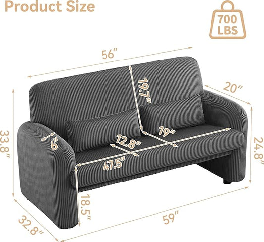 56'' Corduroy Loveseat Sofa, 2 Seater Love Seat Couch for Small Space, Comfy Upholstered Modern Leisure Loveseat Couches with Lumbar Pillows for Bedroom, Office, Living Room, Grey