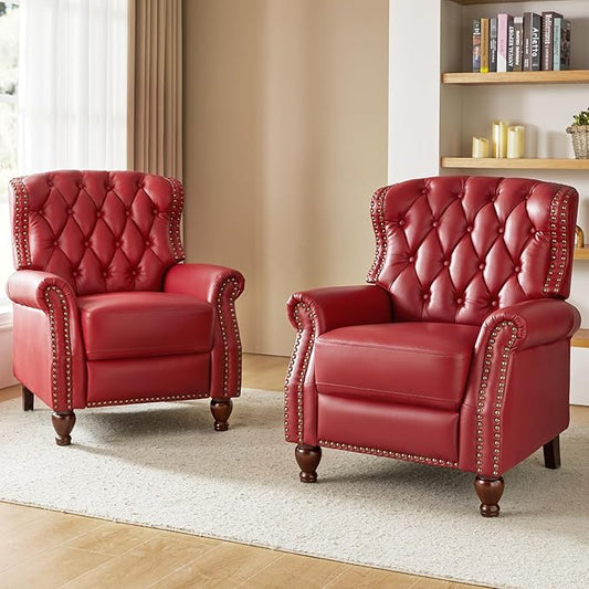 HULALA HOME Genuine Leather Recliner Chair Set of 2 w/Solid Wood Feet, Modern Adjustable Tufted Push Back Arm Chair w/Rivet Decoration, Home Theater Seating Reclining Sofa for Living Room, RED