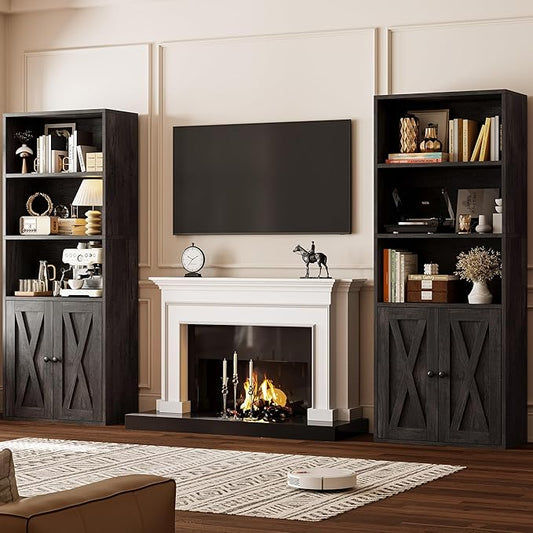 IRONCK Industrial Bookshelves and Bookcases with Doors 11.8 in Depth Set of 2 Floor Standing 5 Shelf Display Storage Shelves Bookcase Home Decor Furniture for Home, Office, Living Room, Bedroom