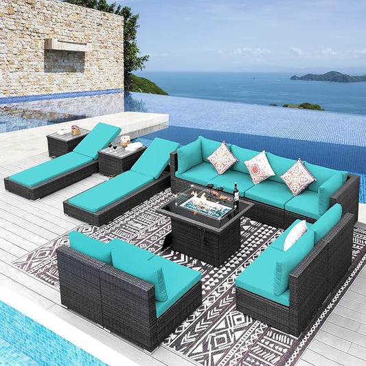 NICESOUL 13-Pieces Outdoor Patio Furniture Firepit Set, High-End Big Group Full Patio Set with Lounge Chairs, Weather-Resistant Wicker Backyard Pool Sofa and Chaise Comfy Deep Sitting, Grey&Turquoise